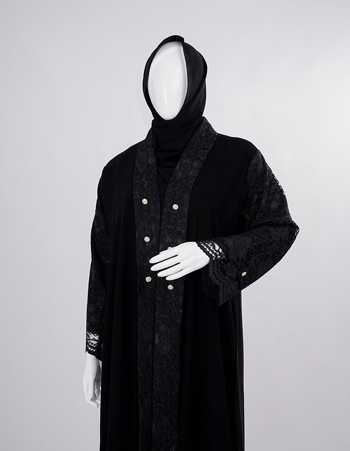 Liara Pearl-Button Lace Abaya