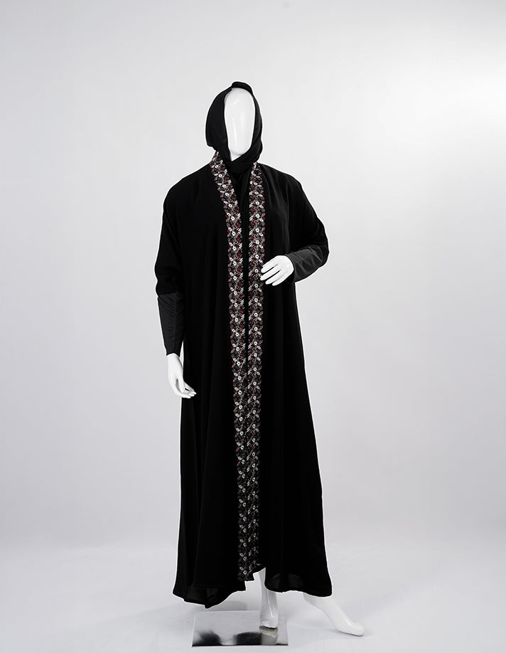Liara Black Abaya with Floral Front Panel