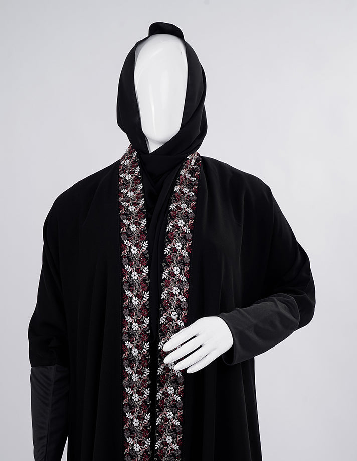 Liara Black Abaya with Floral Front Panel
