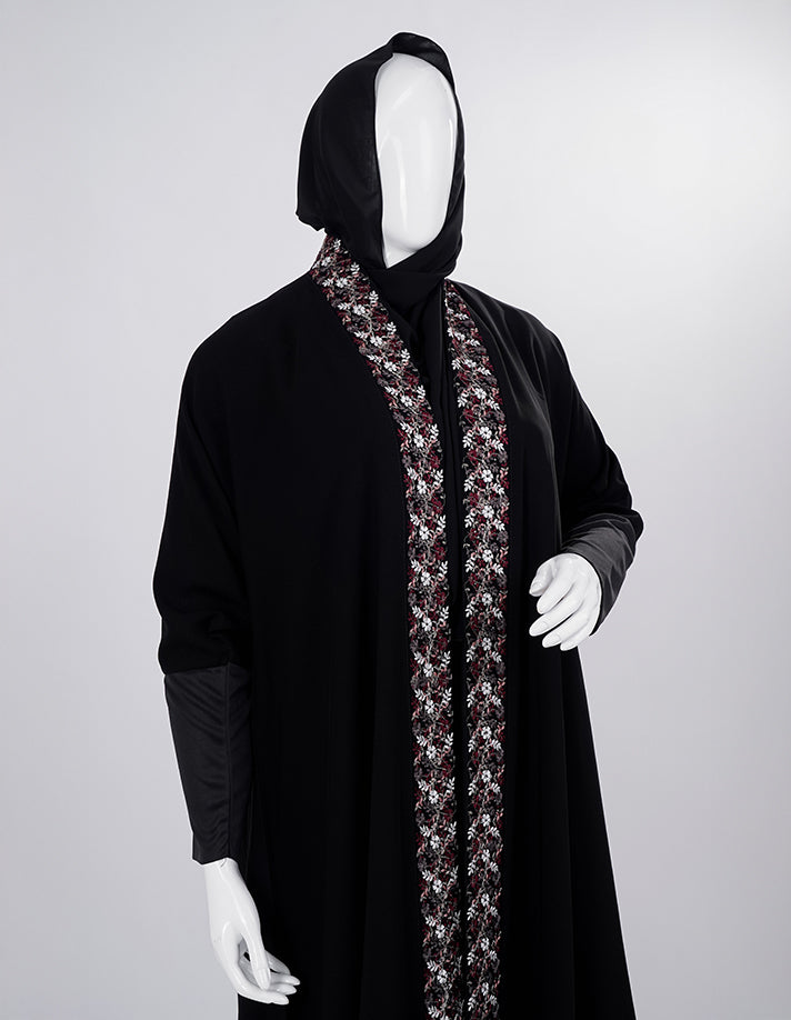 Liara Black Abaya with Floral Front Panel