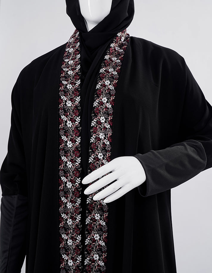Liara Black Abaya with Floral Front Panel
