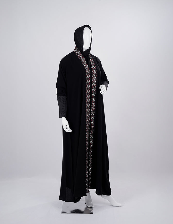 Liara Black Abaya with Floral Front Panel
