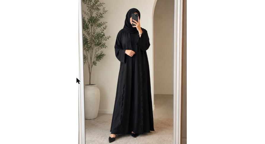 Liara Black Abaya with Scalloped Trim